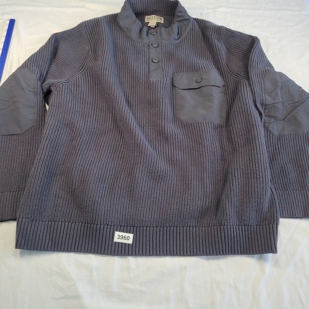 Duluth Trading Co Mens Button Mock Sweater 3XL Reg Gray Wool Blend Elbow Patches